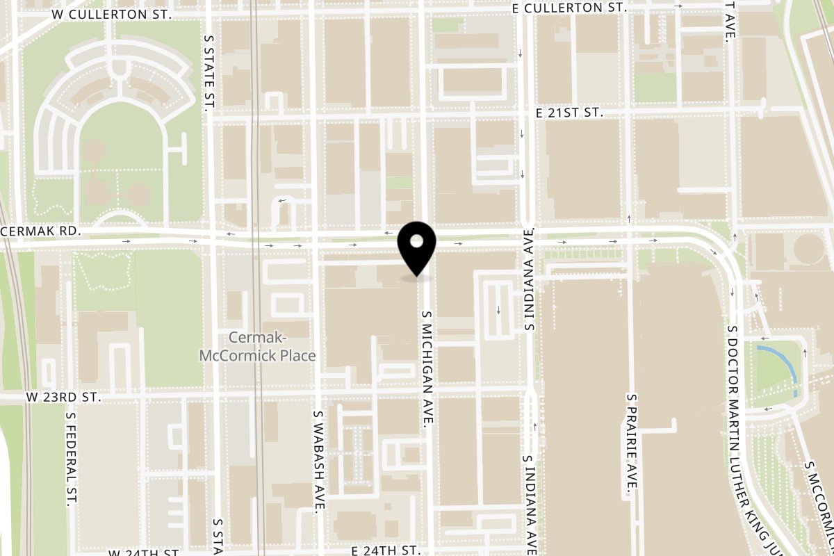 Map showing the location of Jerk Villa Bar & Grill on 2216 S Michigan Ave in Chicago
